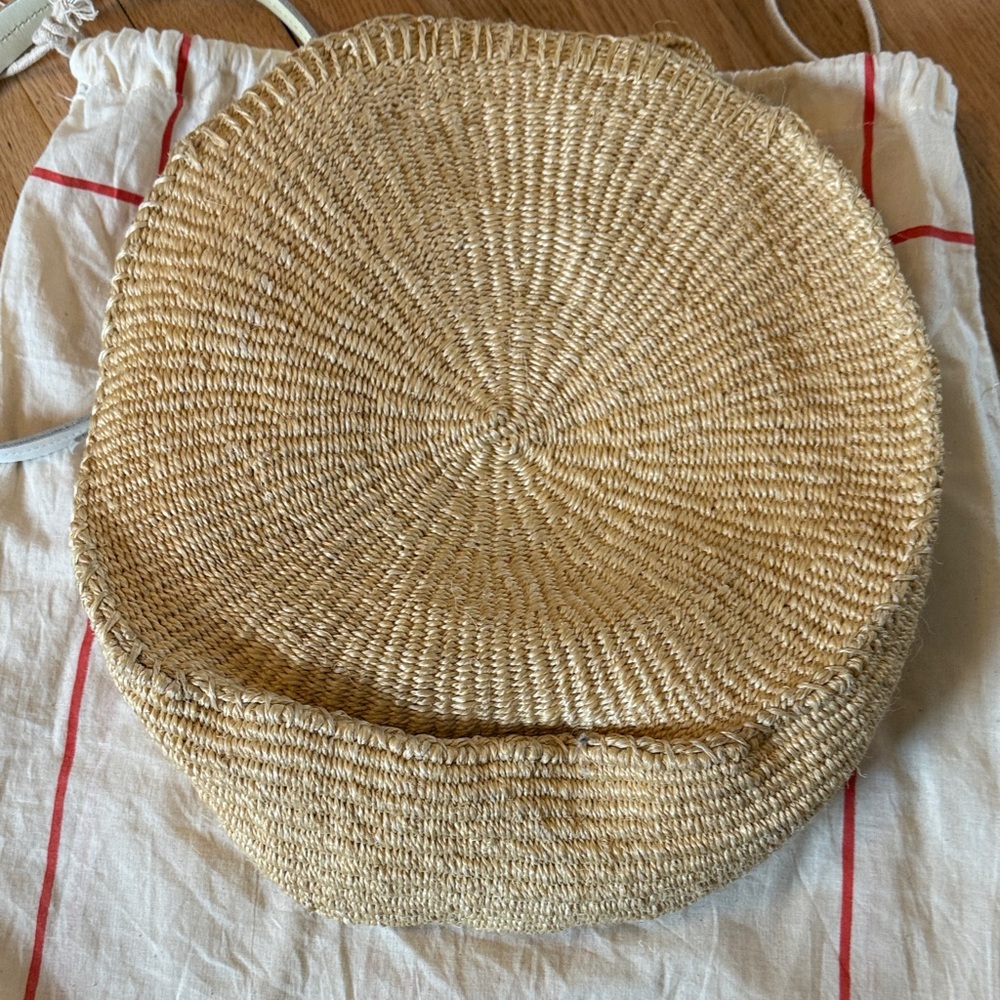 Clare V Alice Natural Woven Round Straw Tote with White Straps beach bag - Picture 5 of 5
